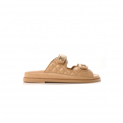 CHANEL LAMBSKIN QUILTED VELCRO DAD CHAIN CC SLIDE SANDALS BEIGE 